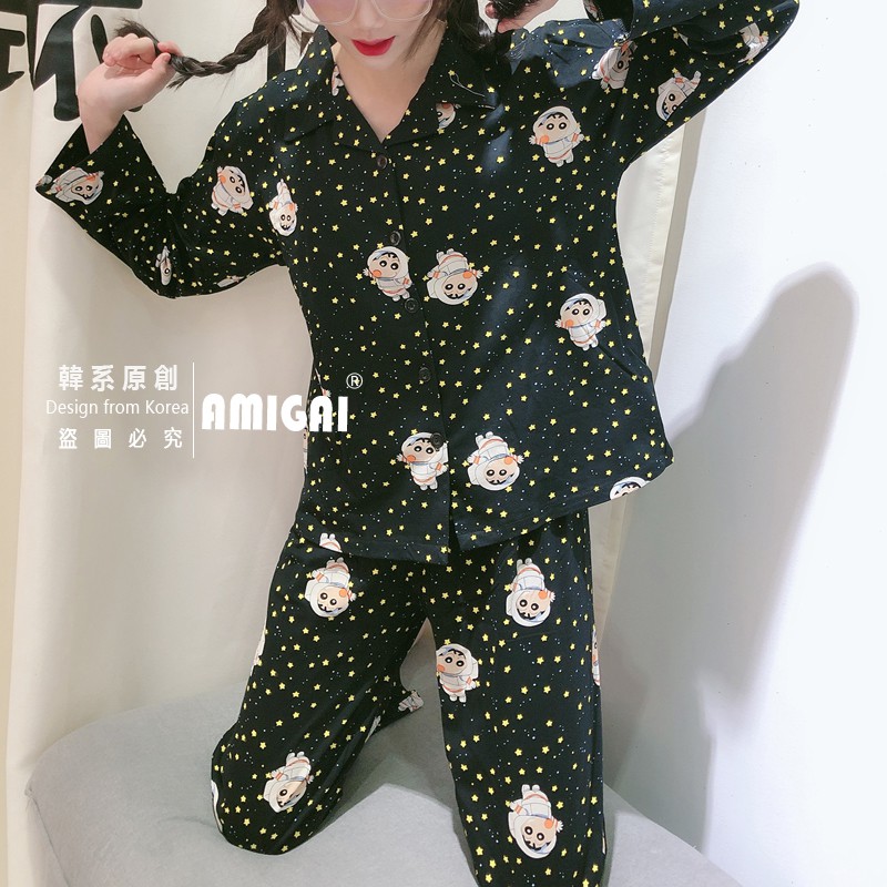 Pajamas dài tay in hình cậu bé bút chì làm phi hành gia phong cách hàn quốc đáng yêu