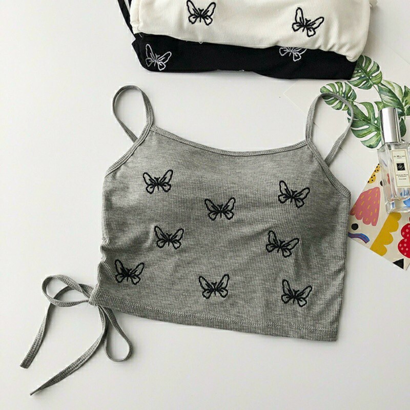 Áo Bra 2 Dây Dáng Croptop Dây Rút Sườn Hoạ Tiết Hình Bướm có 3 màu đen, ghi, trắng chất đẹp