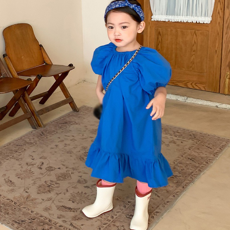 Đầm Công Chúa Tay Phồng Cổ Tròn Kiểu Hàn Quốc Xinh Xắn Cho Bé Gái