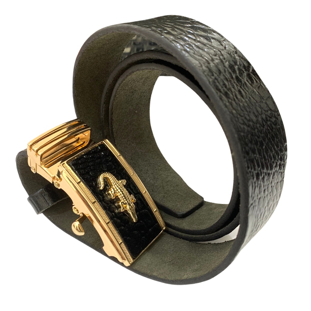 Thắt Lưng Nam Da Bò Nguyên Miếng 1 Lớp Màu Đen Dập Vân Cá Sấu Mặt Khóa Tự Động Gold