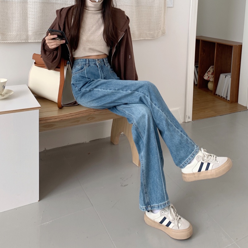 Quần jean ống rộng lưng cao kiểu dáng đơn giản hợp thời trang