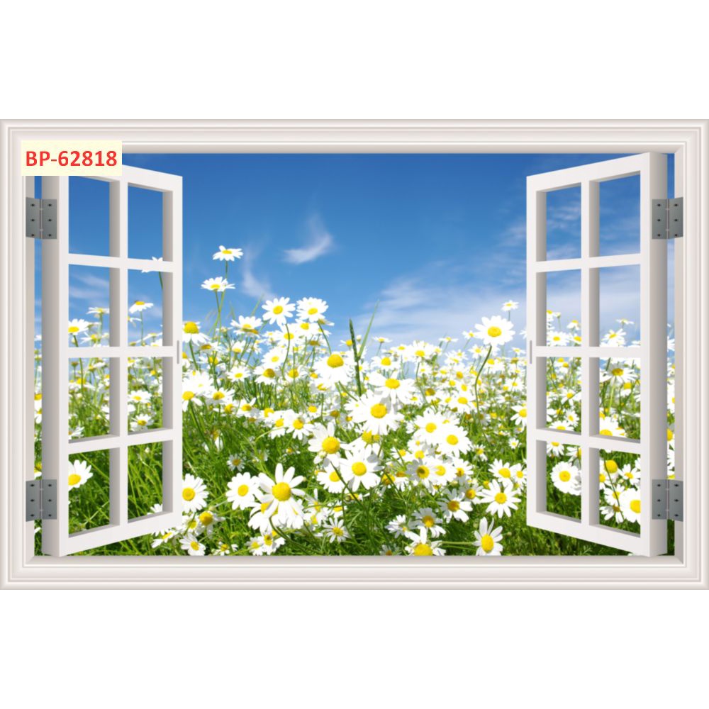Tranh dán tường 3D khung cửa sổ phong cảnh In Theo Kích Thước Yêu Cầu Có Keo Dán