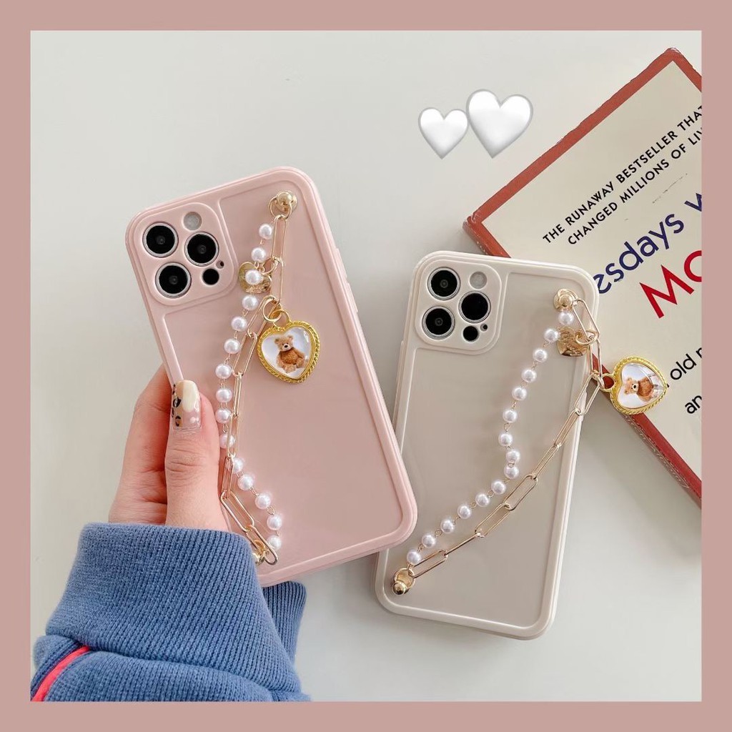 Ốp Điện Thoại Màu Be/Hồng Đính Ngọc Trai Có Dây Đeo Hình Gấu Dễ Thương Cho Iphone 12 X 11PRO MAX 12 PRO MAX