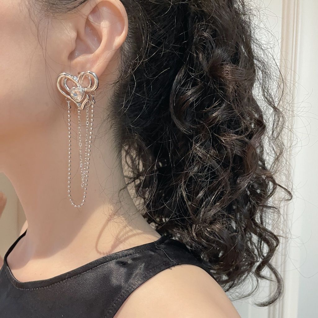 Khuyên tai kim loại dáng dài mặt hình trái tim phong cách Hàn Quốc thời trang mùa hè dễ thương