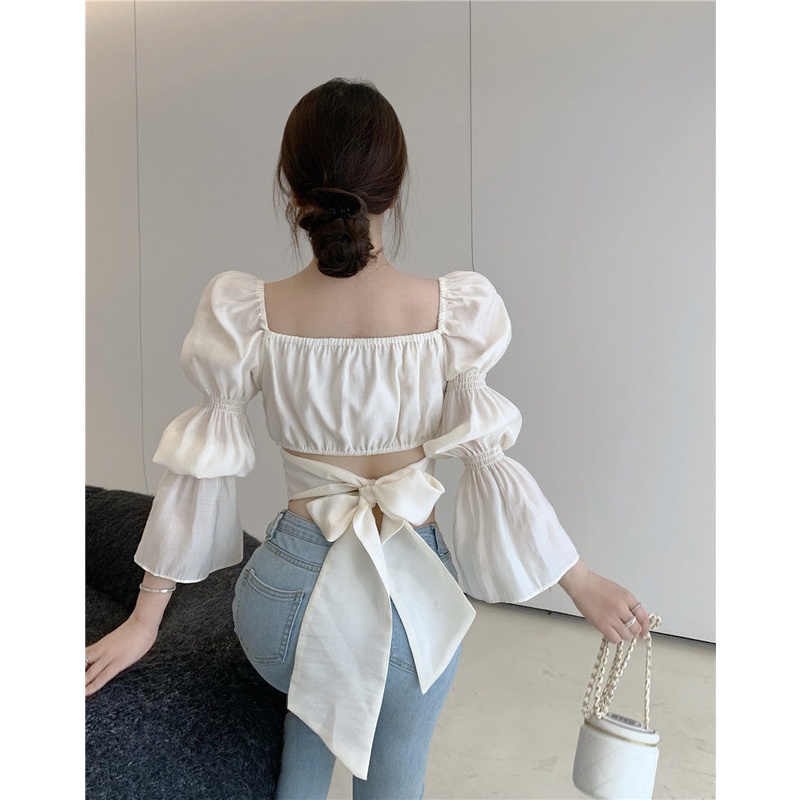 COZOK Áo Croptop Cổ Vuông Tay Loe Thắt Nơ Eo Dễ Thương