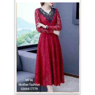 Váy ren đỏ nữ trung niên , váy dài tay cho mẹ mf96