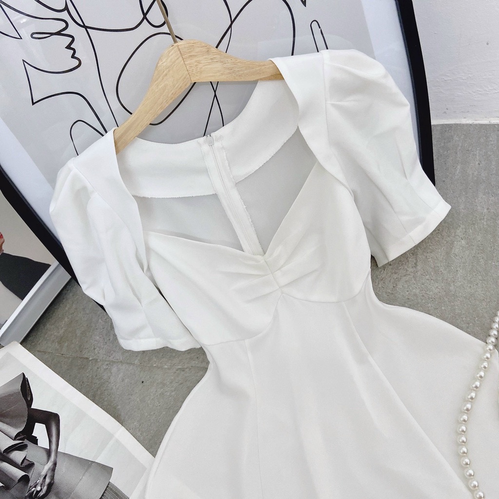 Đầm midi nhíu ngực tay phồng nhẹ nhàng,nữ tính