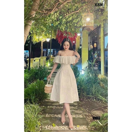 Đầm Xoè Tiểu Thư Trễ Vai Dáng Dài Phong Cách