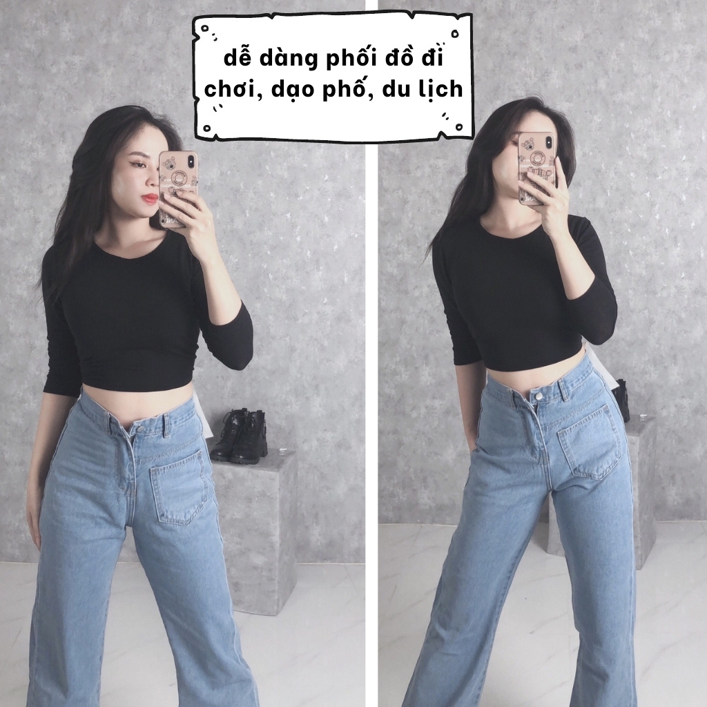 Quần jean nữ ống rộng ❤️ Cạp lưng cao dáng ống suông chất bò dầy dặn 1 túi trước trẻ trung LX14