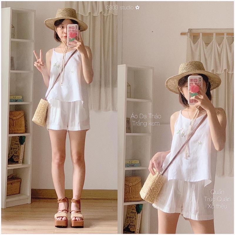 Dạ Thảo 7 màu thêu hoa bưởi - áo 2 dây linen tưng - 0303 studio
