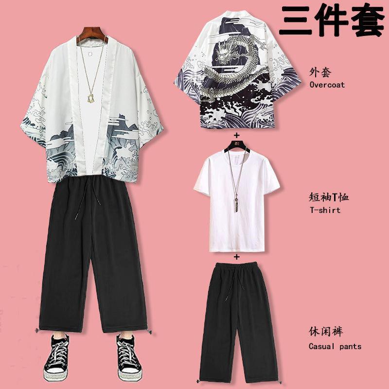 ஐ﹍❡Phong cách Trung Quốc Suit Hanfu nam giới mùa xuân và hè áo len chống nắng choàng ngắn tay quần chín điểm, m