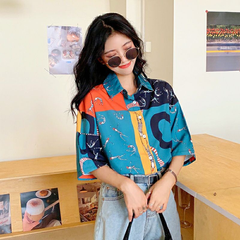áo sơ mi nữ tay ngắn hàn quốc in họa tiết cực xinh