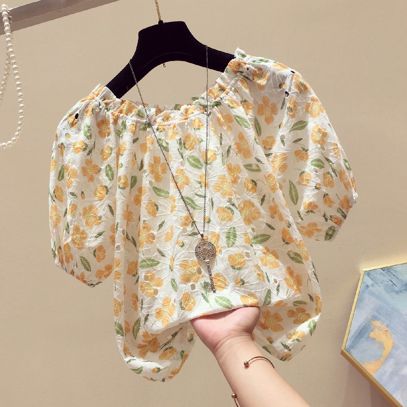 Mới Áo Chiffon Tay Ngắn Trễ Vai Dáng Rộng In Họa Tiết Phong Cách Hàn Quốc Thời Trang Cho Nữ