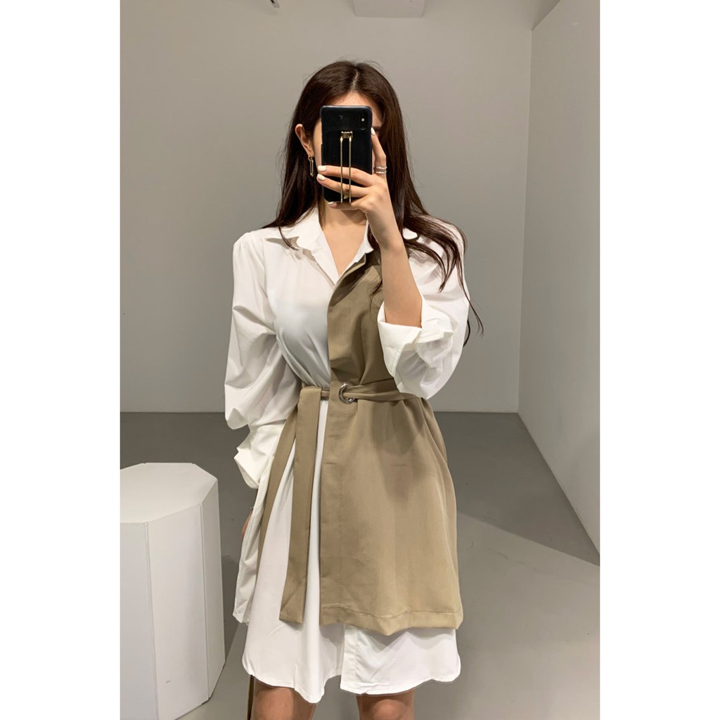 (ORDER) Váy sơ mi xòe dài thắt eo thiết kế phối 2 màu style Hàn Quốc sang trọng (New Arrival)