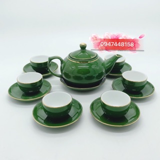BỘ ẤM CHÉN XANH LỤC VẼ VIỀN VÀNG KIM 24K