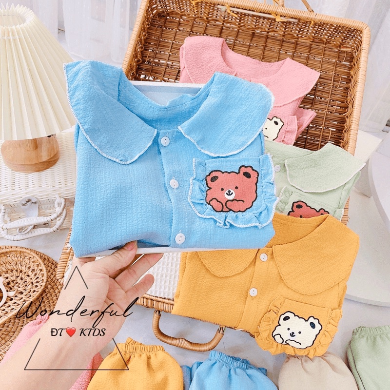 Đồ ngủ dài tay thu đông bé gái túi ngực chất đũi xốp_Bộ pijama dài tay bé gái thu đông authentic
