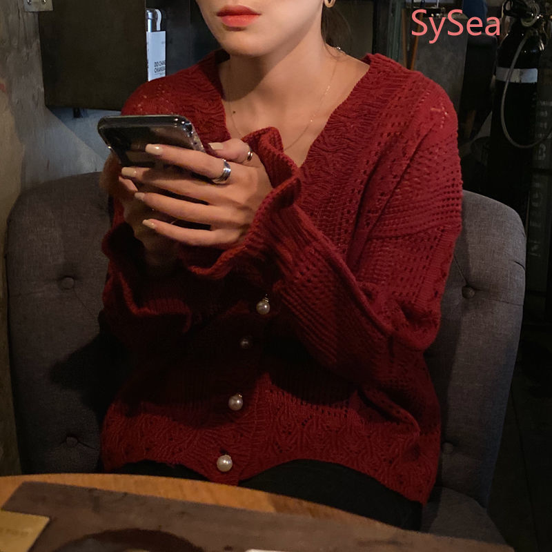 Women Autumn Sweet Hollow Long Sleeve V-neck Knit Top | BigBuy360 - bigbuy360.vn