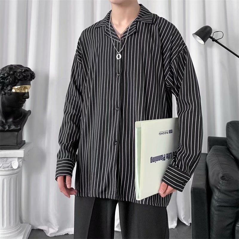 Korean Fashion Striped Striped Neck Long Sleeve Shirt for Men