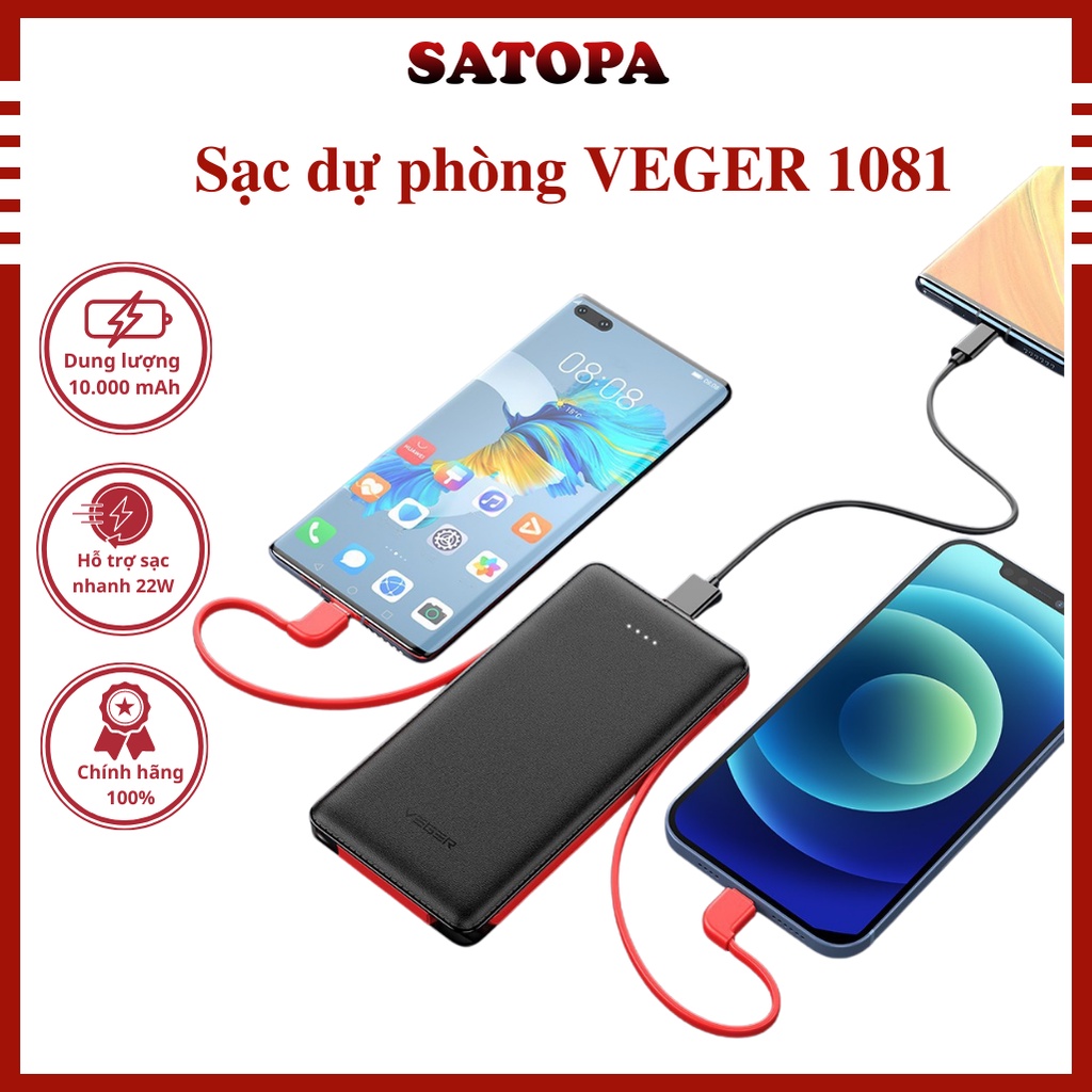 Sạc dự phòng 10000mAh VEGER VP1081, Pin sạc dự phòng tích hợp cáp sạc TypeC Lighning bảo hành 12 tháng - SATOPA