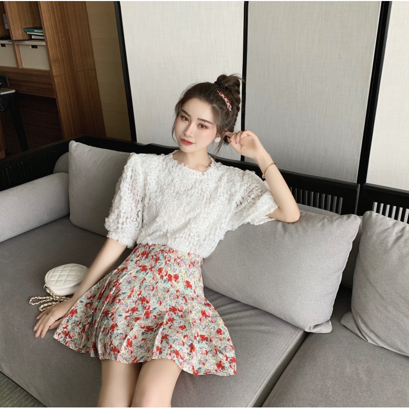 Bộ Áo Ren Tay Phồng + Chân Váy Hoa Đáng Yêu Cho Nữ Kiểu Hàn Quốc