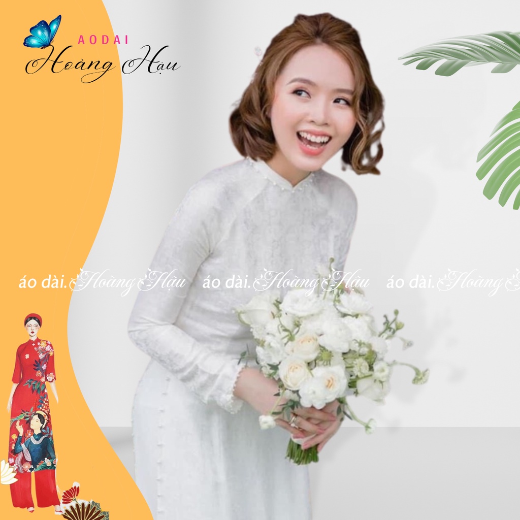 Áo Dài Cưới Cô Dâu Dự Tiệc Lễ Tết Đính Ngọc Vải Gấm Trắng Vân Hoa Dệt Đẹp Cao Cấp Dáng 2 Tà