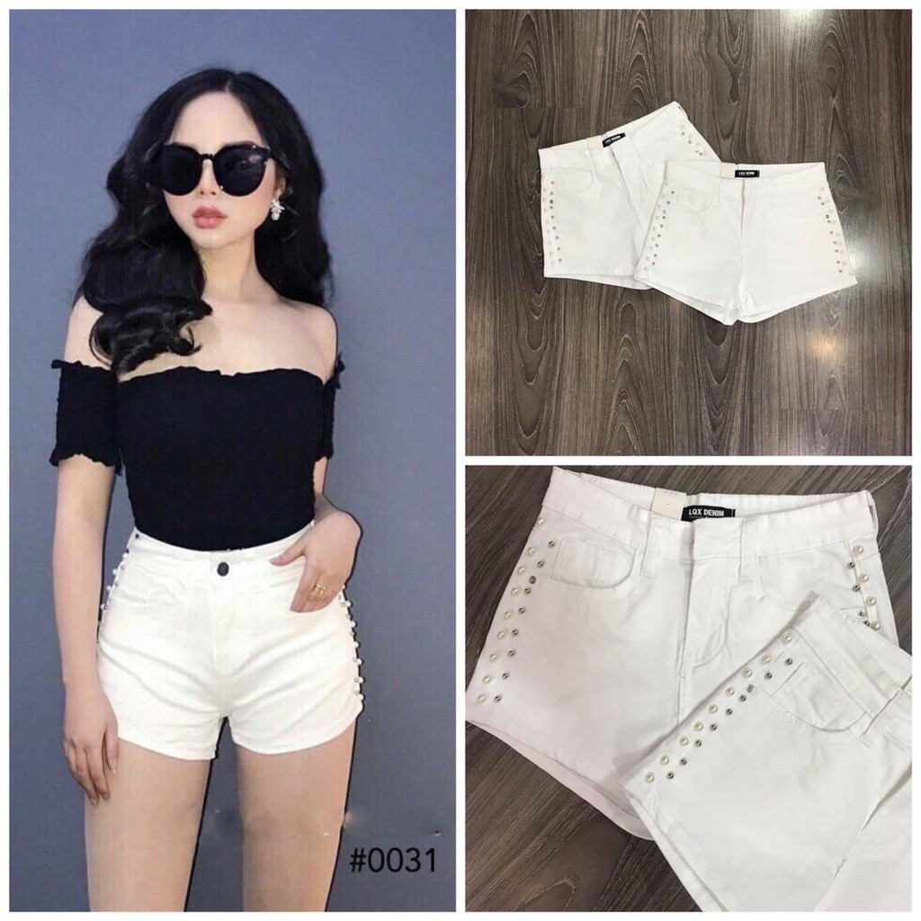 bán sỉ quần sooc bò trắng đính hạt ngọc