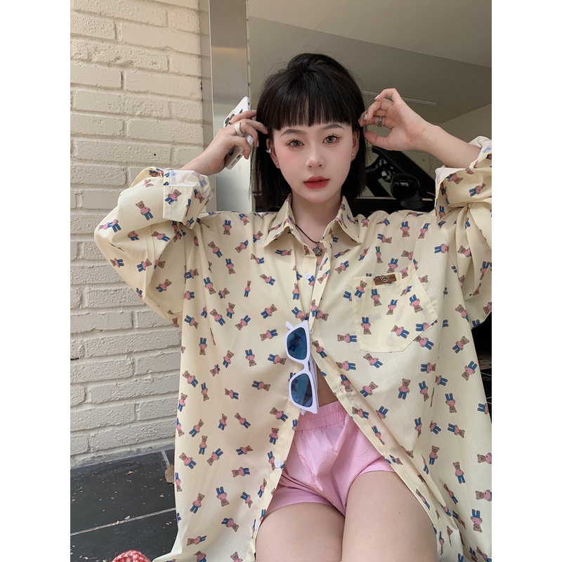 Áo Sơ Mi Tay Dài Dáng Rộng In Họa Tiết Chú Gấu Phong Cách Hàn Quốc Cổ Điển Thời Trang Cho Nữ