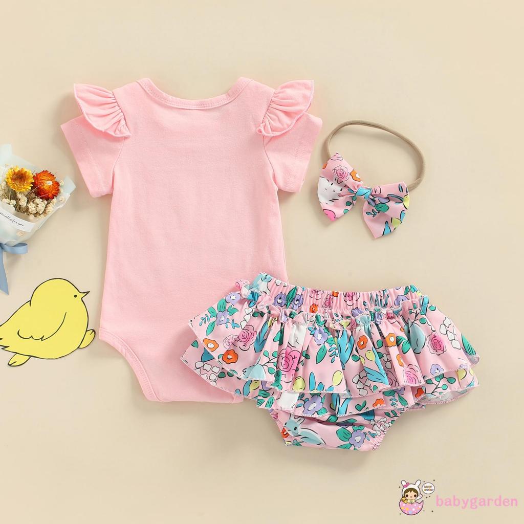 Bộ áo liền quần ngắn tay kèm quần short nhiều lớp và băng đô in hình thỏ đáng yêu dành cho bé gái