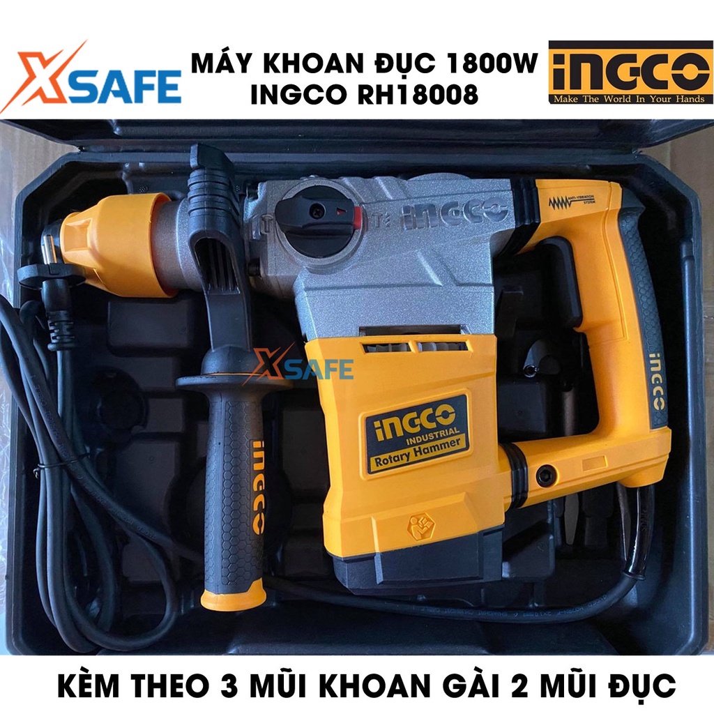 Máy khoan đục 1800W INGCO RH18008 kèm 3 mũi khoan gài, 2 mũi đục tốc độ không tải 850 vòng/phút