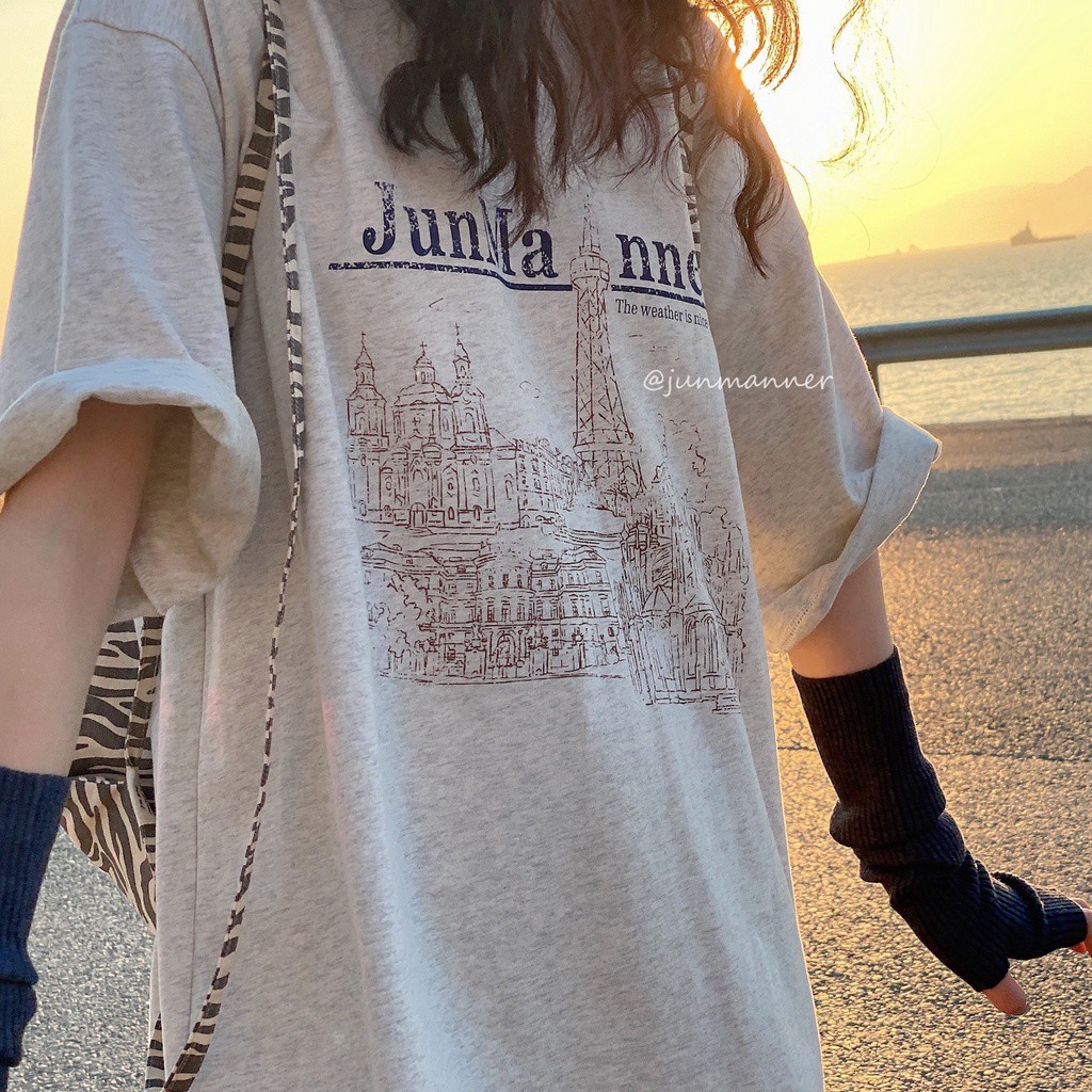 Áo Thun Tay Ngắn Cổ Tròn Màu Xám In Họa Tiết Phong Cách Retro Hàn Quốc Thời Trang Mùa Hè Cho Nữ