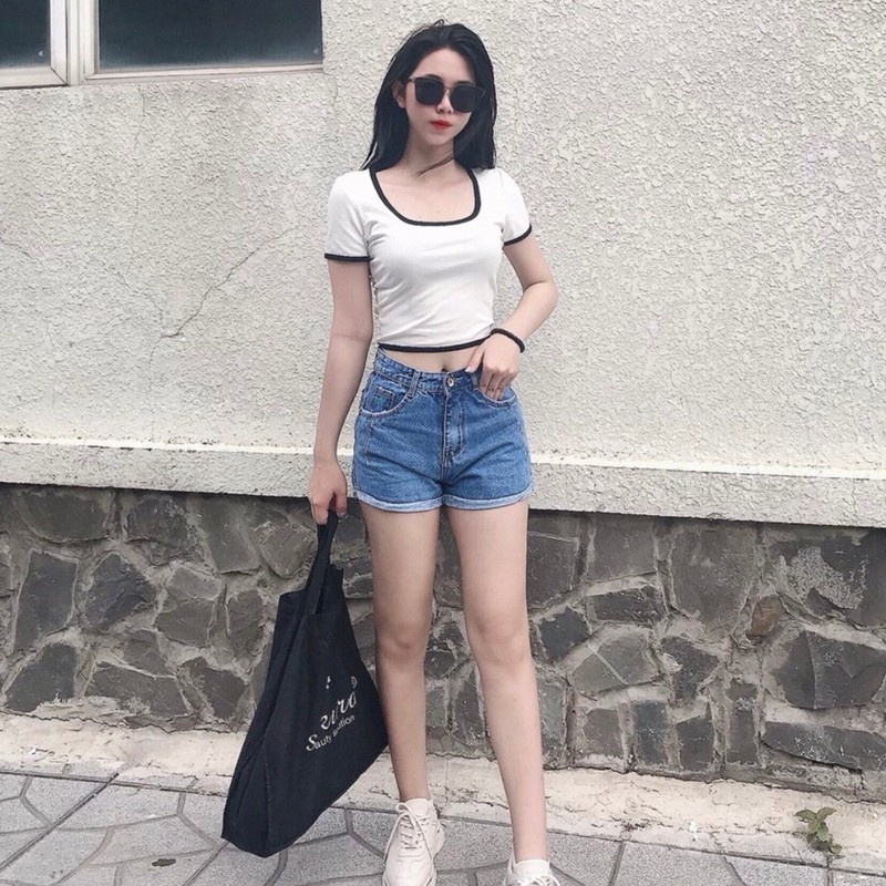 áo croptop nữ tay ngắn cổ vuông ôm body, Croptop nữ ôm ngắn tay cổ chữ U, Áo thun nữ ngắn tay dáng ôm cờ róp tốp
