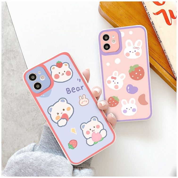 Ốp iphone - Ốp lưng iphone cạnh vuông viền camera Gấu dâu tây dành cho ip 6 đến 14promax - ng028