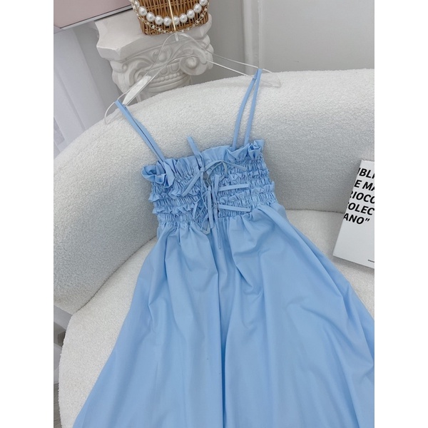 ĐẦM MIDI XANH BO CHUN NGỰC 2 DÂY CỘT