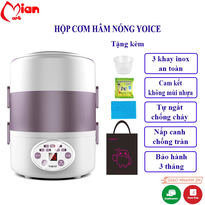 Hộp cơm cắm điện hâm nóng, 3 ngăn inox nắp chống tràn, hộp cơm văn phòng có hẹn giờ- MIAN MART