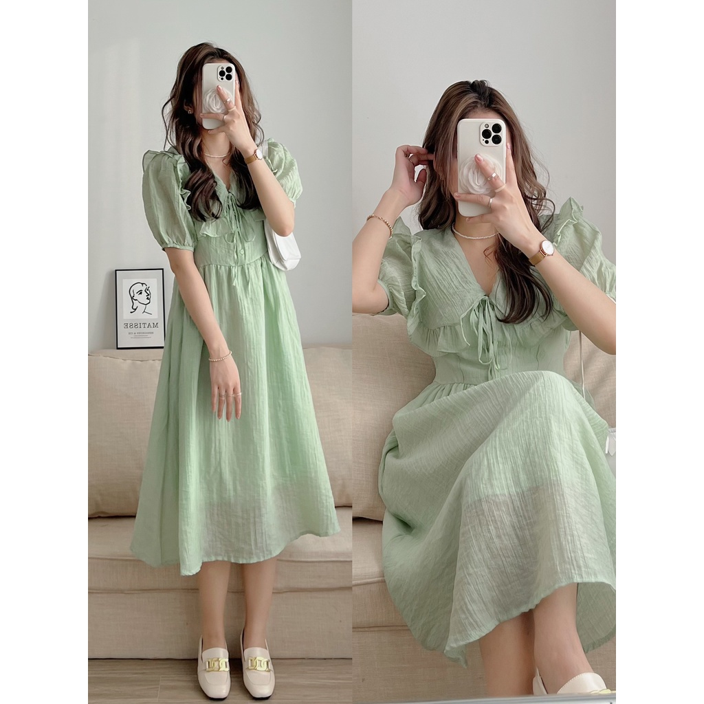 Đầm midi cổ bèo tay bồng buộc dây XANH TÍM dáng xòe dài