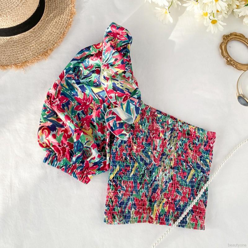 Korean Floral Printed Ruffled Irregular Sexy Slim Crop Women Blouse | BigBuy360 - bigbuy360.vn