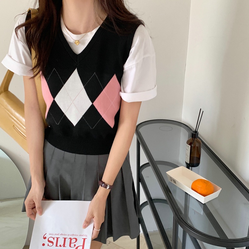 Áo SUXI dệt kim cổ chữ V họa tiết sọc caro thiết kế phong cách Mỹ thời trang