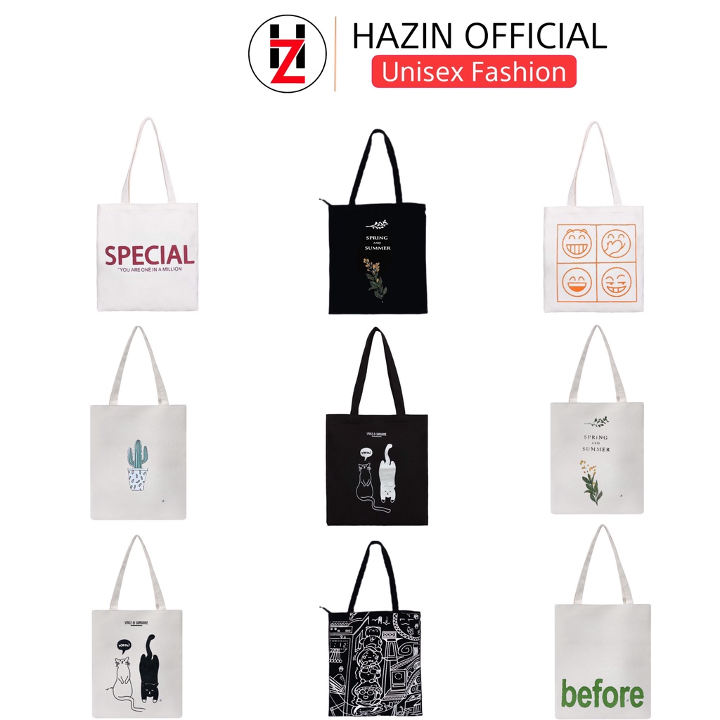 Túi tote HAZIN vải canvas ulzzang unisex đa dạng chữ có khoá miệng đi học đi chơi đựng vừa khổ a4