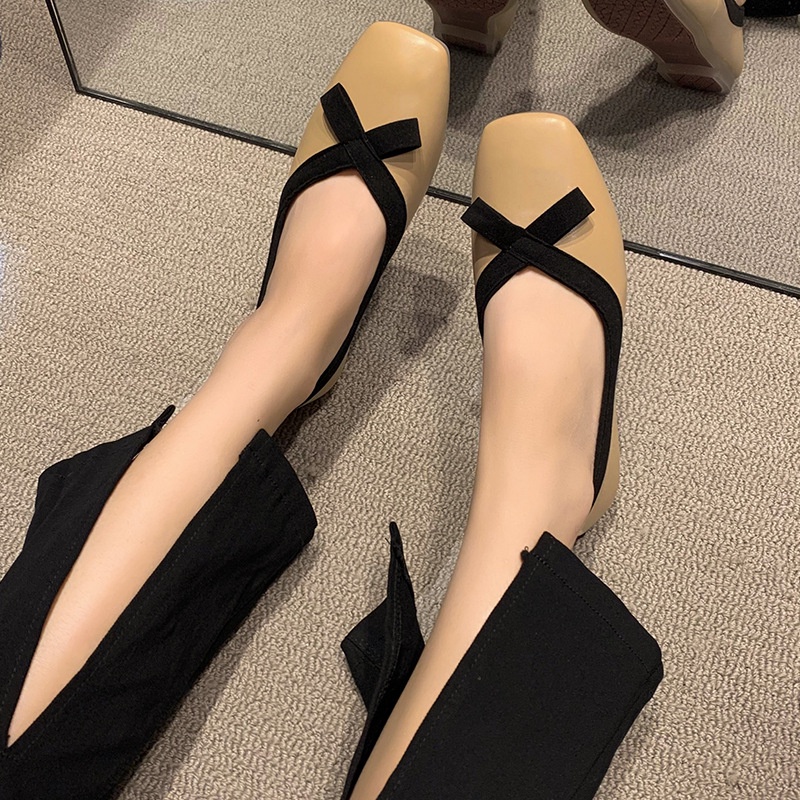 Giày Búp Bê Da Mềm Mũi Vuông Đính Nơ Thời Trang Cho Nữ