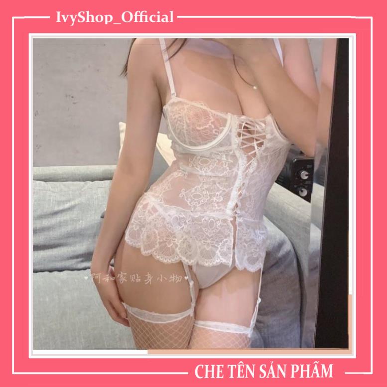 Bộ đồ ngủ bodysuit ren sexy liền kẹp tất - Corset ren có gọng mã GC001 - đen trắng (không tất)