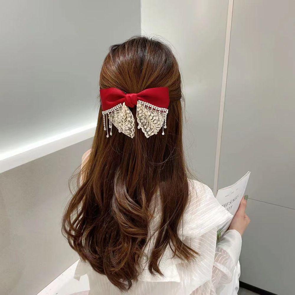 Kẹp Tóc Hình Nơ Ren Đơn Giản Thanh Lịch|Kẹp Tóc Dây Xích Bằng Vải Cho Nữ