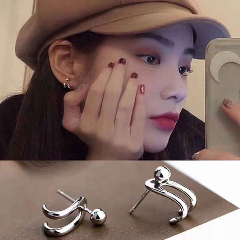Khuyên Tai Kim Bạc S925 Hai Hạt Sáng Tạo Độc Đáo Thời Trang