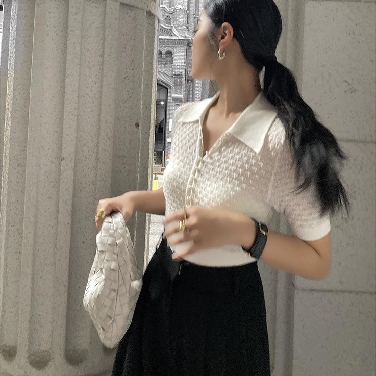 Áo polo dệt kim ZHELIHANGFEI tay ngắn thêu họa tiết đính ngọc trai phong cách thời trang cao cấp cho nữ