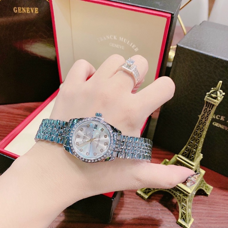 Đồng hồ thời trang nữ Rolex đeo tay dây thép không gỉ đính đá sang trọng dây kim loại mạ vàng chống nước chống xước