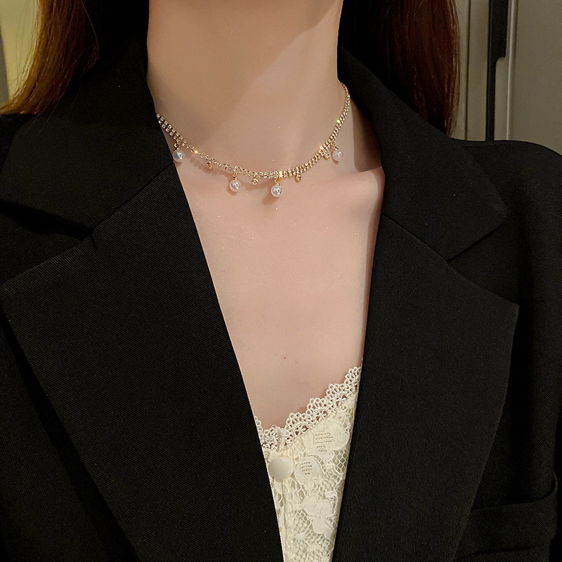 Vòng Cổ Đính Ngọc Trai Kim Cương Giả Hợp Thời Trang Phong Cách Hàn Quốc Cho Nữ