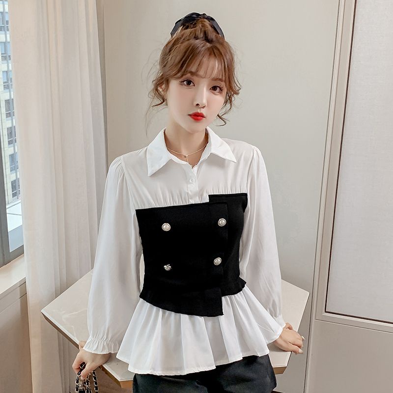 Áo Sơ Mi Kiểu Mix Niche Pháp Tay Xòe Cách Điệu Xuân Hạ Thu Đông