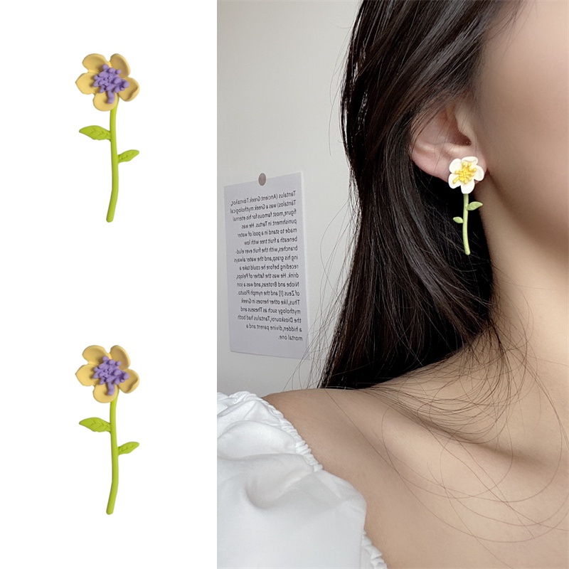 Bông tai bạc S925 hình hoa màu sắc tương phản phong cách Nhật Hàn thời trang cho nữ F275