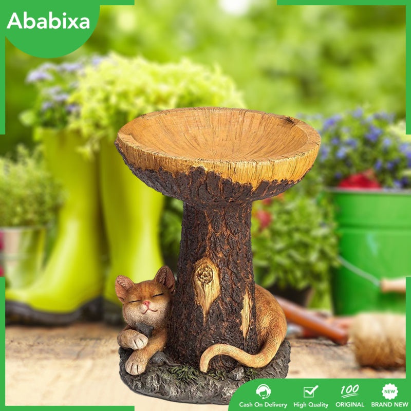 Bồn tắm resin cho chim tắm điêu tắc tượng thân cây và chú mèo trang trí sân vườn/bãi cỏ