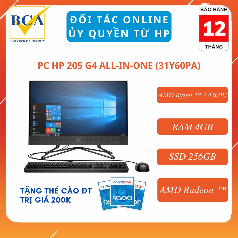 Máy tính để bàn HP 205 G4 All-in-One (Windows 10/ RAM 4GB/ SSD 256GB/ AMD Radeon ™) - 31Z16PA