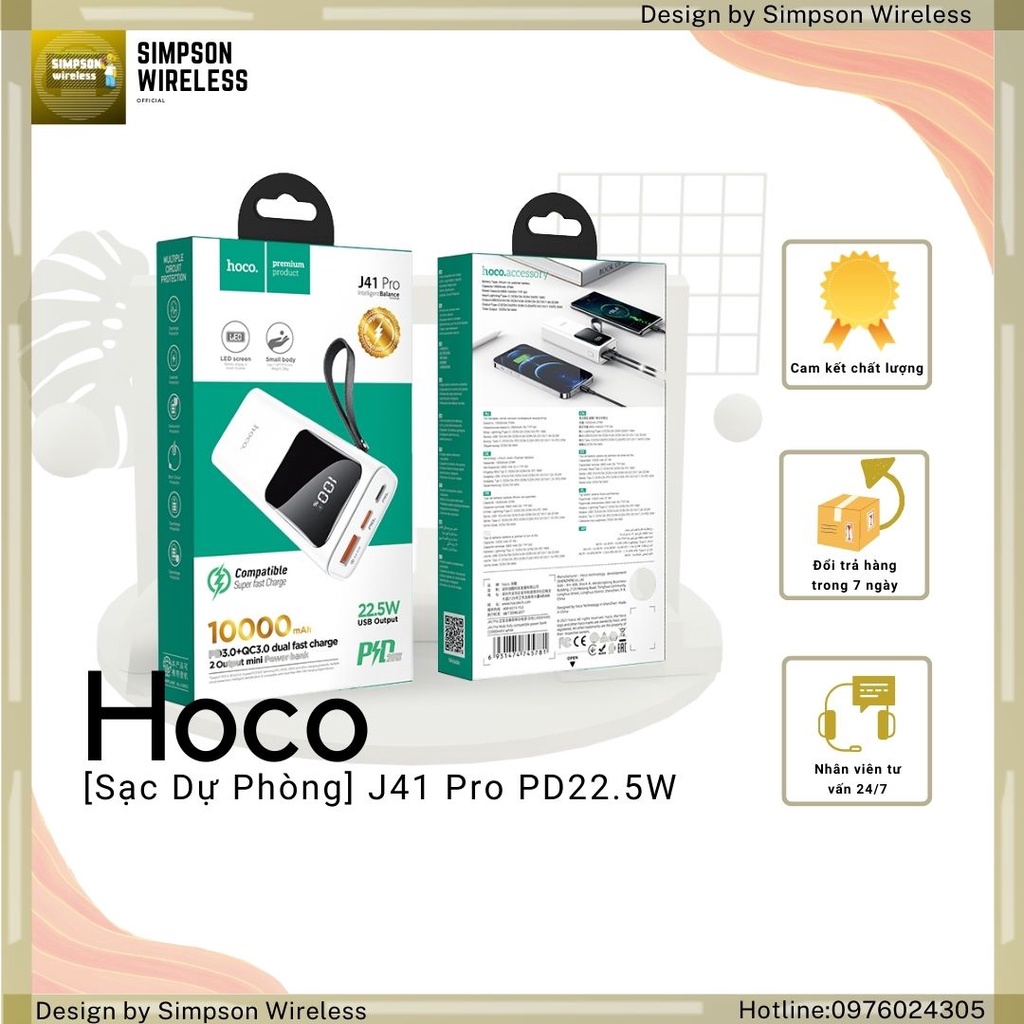 Sạc Dự Phòng nhanh PD22.5W - Hoco J41 Pro 10000mAh